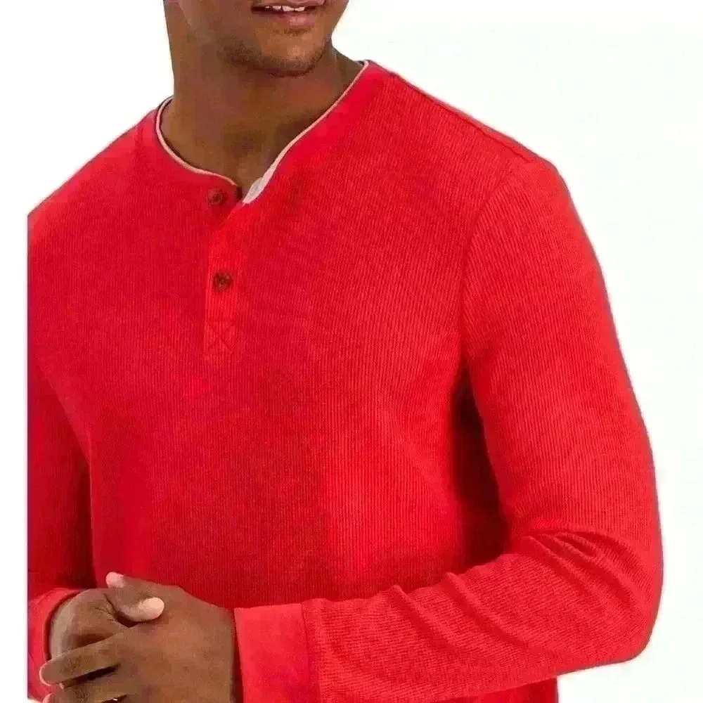 New Club Room Men's Fire Thermal Henley Shirt Size L Crewneck Three Buttom - Picture 3 of 10